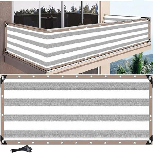 MAJINGC Privacidad de Balcón y Pantallas 0.9X6M ，Tela de privacidad Protección UV,Impermeable,Resistente al Viento,Malla de Ocultación para Jardín Exterior,con Ataduras de Cables Gris Blanco
