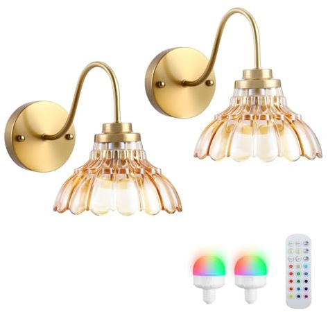 Rechargeable Wall Lights 2 Pack Vintage Battery Operated Wall Lamp with Dimmable Detachable Charging Bulbs and Remote,15 RGB Wireless Wall Light with Amber Glass Lampshade for Living Room Bedroom