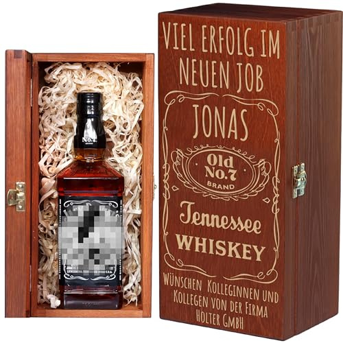 Personalisierte Holzbox mit Gravur – Geschenkbox zur Verabschiedung von Kollegen – Holzkiste für Whiskyflasche mit Wunschtext für Jobwechsel oder Ruhestand – Holzkiste für Flasche oder Gläser – Abschi