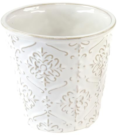 Keramik Blumentopf Übertopf im 2er Set, Vintage Weiß Creme Beige, Ornament Design Ø13,5cm für Dekoration, 2 Stück