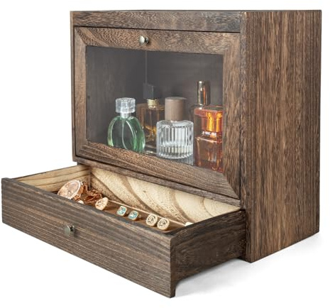Cokritsm Organizzatore di profumi in legno con vetrina in acrilico e cassetto - Portaprofumi, gioielli e cosmetici, ideale per camera da letto o bagno (ambra)