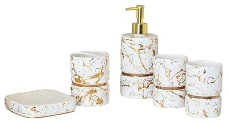 ZZTWER Ensemble d'accessoires de Salle de Bain en céramique 6 pièces, Distributeur de Savon en marbre doré, Porte-Brosse à Dents, gobelet et Plateau Ensemble Salle de Bain(Wit,One Size)