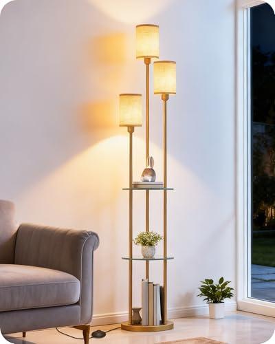 GOEBLESON Lámpara de Pie con Estante, Estilo Vintage, con 3 Pantallas de Tela de Lino y 1 Interruptor de Pie, para Sala de Estar, Dormitorio, Oficina,Dorado y Beige