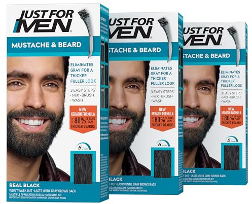 Just For Men Mustache & Beard, Beard Coloring for Gray Hair with Brush, With Keratin Biotin Aloe and Coconut Oil for Healthy Facial Hair - Real Black, M-55, Pack of 3 (Packaging May Vary)