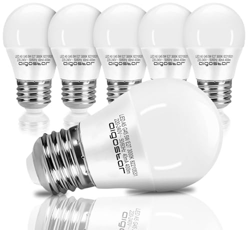 Aigostar - LED Lampadina E27 A5 G45 4.9W (Equivalenti a 37W), Luce Calda 3000K, 420 Lumen, Angolo di Raggio 180°, Pacco da 5