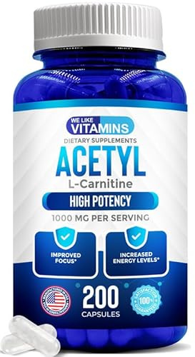 We Like Vitamins Acetyl L-Carnitine 1000mg Capsules - 200 Easy to Swallow Veggie Capsules - Acetyl l Carnitine Supplement Helps Support Focus, Brain Function, and Energy