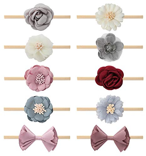 Subesty Baby Girls Nylon Elastic Headband Soft Flower Hair Band For Toddler Infant Newborn Set Of 10