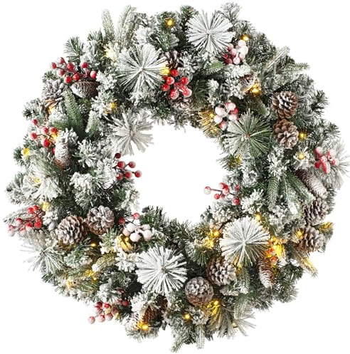 WeRChristmas Luxus, beleuchteter schneebeflockter Kranz mit 50 LED-Lichtern und Timer-Funktion, mehrfarbig, 75 cm