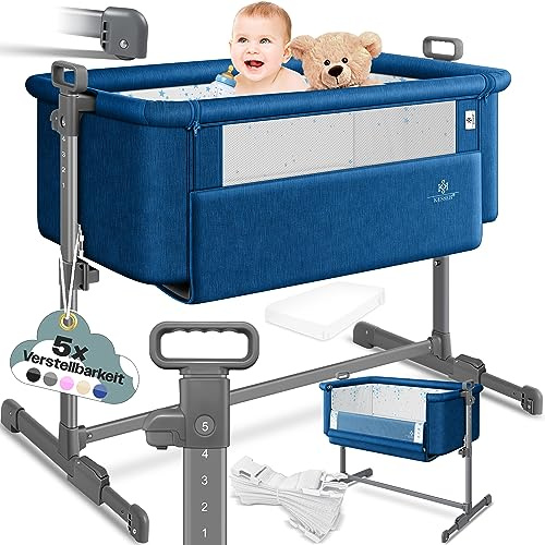KESSER® Extrasäng, Hubi, 3-i-1, babysidosäng, resesäng, babysäng med mjuk madrass, med hjul, barnsäng, 5-vägs höjdjustering, vikbar sidovägg för hem och resor