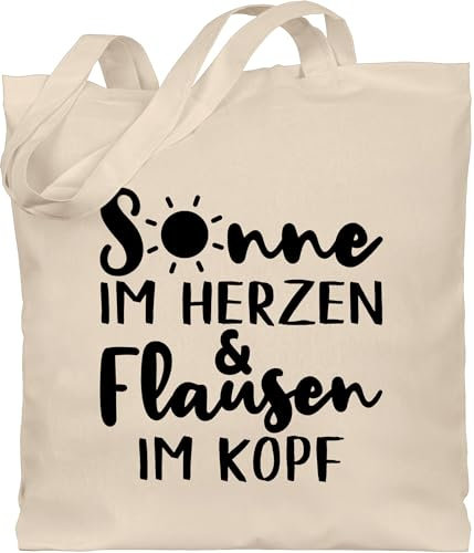Baumwolltasche - Sprüche Statement mit Spruch - Sonne im Herzen und Flausen im Kopf - schwarz - Unisize - Naturweiß - beutel+mit+sprüchen+lustig sprueche beutel jutetasche sprüchen stoffbeutel