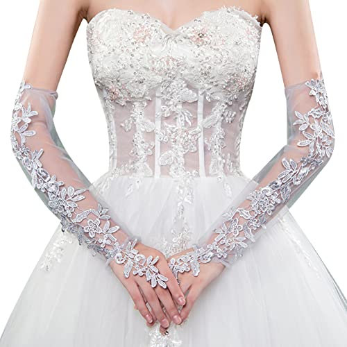 Hochzeit Braut Handschuhe - Spitze Blume Ellenbogen Lang Fingerlos Hochzeithandschuhe für Opera, Fest, Party, Geburtstag, Karneval, Tanzen, Abend - Damen Kostüm Accessoires, Grau