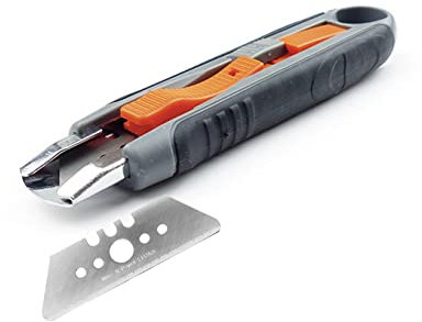 GEMEL 2 : Cutter couteau pro de sécurité Mure & Peyrot, multi-usage, à GRANDE lame rétractable (65 mm) + blocage possible au repos. Pour droitier et gaucher. Lame acier à bouts ronds, réversible.