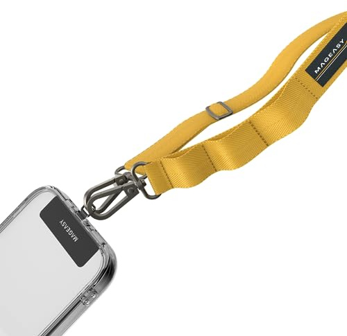 MAGEASY Rover iPhone Lanyard Crossbody with Tether Tab & Attachment Loop, Adjustable Anti Theft Phone Strap for Samsung Google Pixel, 20mm Neck Shoulder Lanyard, Holds 55lb (Dual Clip, Mustard Yellow)
