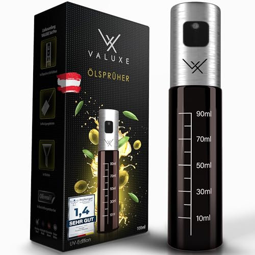 VALUXE® Ölsprüher für Speiseöl und Essig mit UV-Schutz Glas & Sprühfilter - Edelstahl Öl-Sprühflasche - Präziser Olivenöl Sprüher, Öl-Zerstäuber, Oil-Sprayer