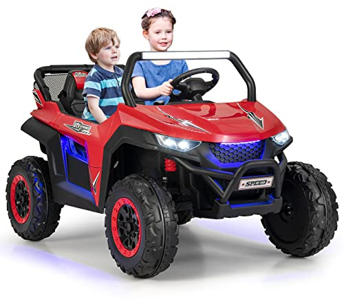 GOPLUS Elbil för barn, 12 V, 2-sitsig barnbil med fjärrkontroll på 2,4 GHz, strålkastare, musik, coola ljuseffekter och förvaringsväska, med långsam start, för 3–8 år (röd)