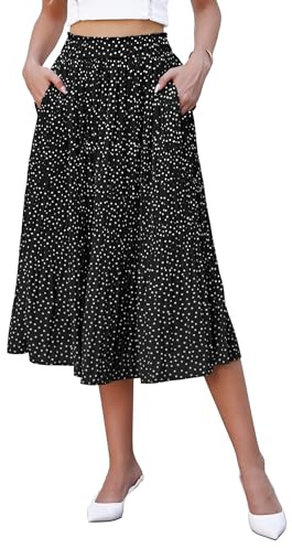 Hotouch Damkjol, lång, polka, prick, maxikjol, elastisk midja, chiffong, midikjol, sommar, elegant veckad kjol med fickor, S–XXL, svart, S