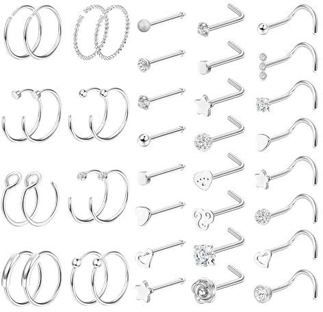 LOLIAS 23/40 Stück Nasenpiercing Set - 20G Silber Nasenring, L-förmige Gold Nasenstecker, Nostril Piercing Ring Mit CZ - Chirurgenstahl Schmuck für Damen Herren