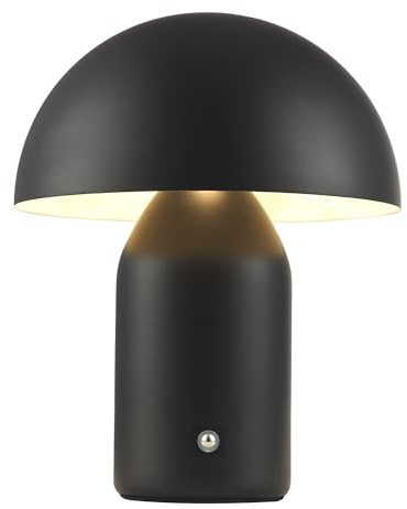 Happy Homewares Contemporary Rechargeable 35cm Mushroom Table Lamp in Mat Black - 2m USB-C Cable Included | 3-Step Touch Dimmer | 10400mAh Power | 5w 3000k LED