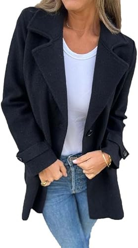 Manteau court en laine mélangée à revers pour femme - Blazer d'hiver boutonné en laine - Veste en laine décontractée - Trench court sans poche, 12, M