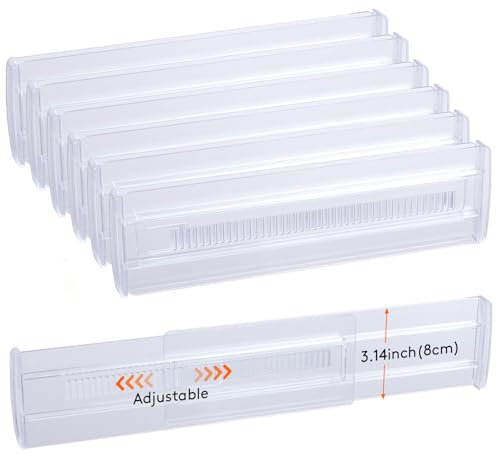 Damogo 6 Pack Drawer Dividers, 3.2 High Expandable from 11.2-20 Adjustable Drawer Organisers,Clear Plastic Drawers Separators for Clothing, Kitchen Utensils and Office Storage
