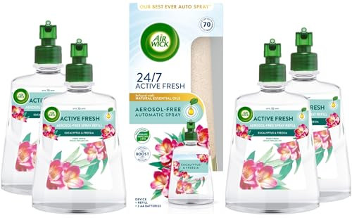 Air Wick Aerosol-Free Automatic Air Freshener Spray Kit + 4 Refills, Eucalyptus & Freesia, 228ml, 24x7 Active Fresh Odour Neutraliser, Air freshener For Home