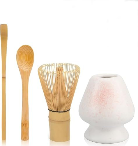 Set Matcha Japonés 5 Piezas – Kit Té Matcha con Batidor (Chasen), Cuchara (Chashaku), Tazón, Soporte y Cucharilla – Ideal para Ceremonia del Té – Blanco