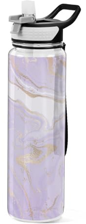 Purple White Gold Marble Water Bottle 1L with Straw, Leakproof BPA Free Tritan Drink Bottle, Sport Water Bottle for Men Women Kids