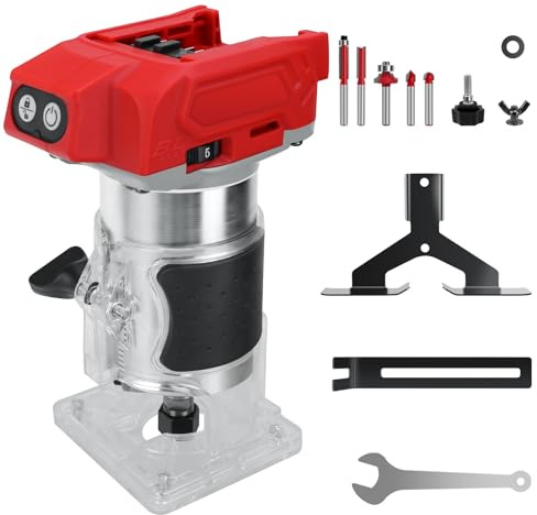 HLiePiHa Kabelloser kompakter Oberfräse für Milwaukee 18 V Akku, 800 W bürstenloser Trimmer-Fräser mit 5 variablen Geschwindigkeiten, 30.000 U/min, Holzpalmenfräsenwerkzeug mit 5 Stück 1/4