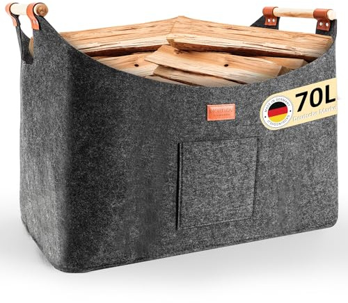 Nordkai Filztasche XXL – Faltbarer Kaminholzkorb & Einkaufskorb aus Hochwertigem Filz – 70L Große Aufbewahrungstasche für Brennholz, Bücher, Spielzeug – Robust, Formstabil & Pflegeleicht, Grau