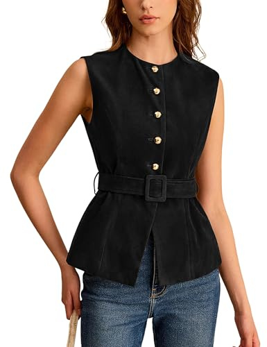UANEO Suede Vest for Women 2025 Sleeveless Tops Casual Business Button Fashion Waistcoat with Belt (Black-L)