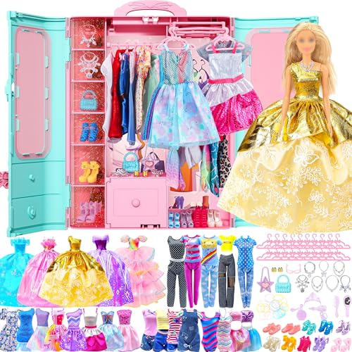 Style Shine 70 Pcs Doll Closet with Clothes & Accessories Set,2 Wedding Gowns 6 Fashion Dresses 2 Casual Outfits 2 Swimsuit 10 Shoes 20 Hanger 27 Accessories,Dress up Toys for Girls Kids Gift