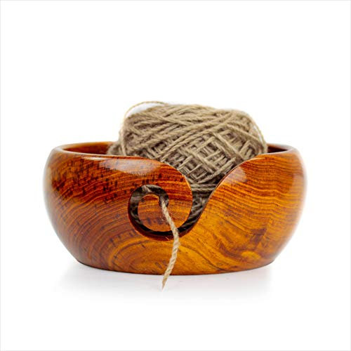 Ciotola di alta qualità e lavorazione artigianale, in legno scuro | lavoro a maglia| presina a uncinetto | Nagina internazionale, 7 x 7 x 3 Inches