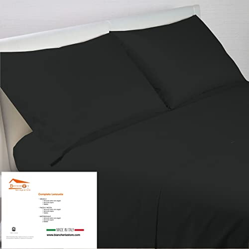 Completo Lenzuola Nero In 100% Cotone, Per Letto Matrimoniale, In Tinta Unita Nero, 4 pezzi