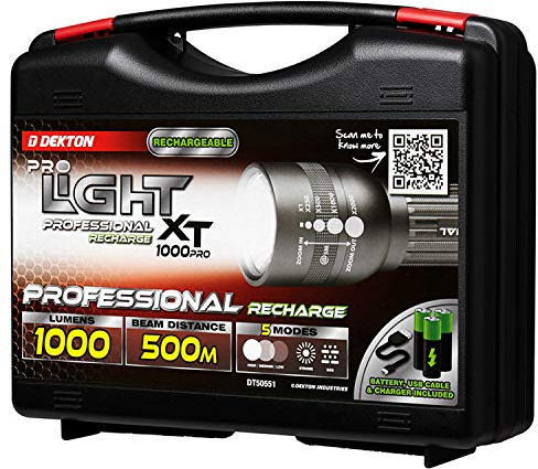 Dekton Pro Light Xp 2000 Professional Recharge Torch - 2000 Lumens / 300m Distance-Rechargeable Battery and Micro USB Cable (Included)| Ip44 - Rated Waterproof| Robust Aluminium Alloy Exterior