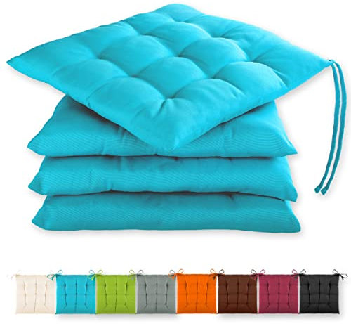 Gräfenstayn® Juego de 4 Cojines 40x40x3cm con Correas de sujeción para Interior y Exterior con Junta Oeko-Tex - (Turquesa)
