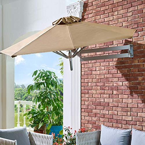 Parasol Support Mural Kaki Parasol de Patio, Inclinaison Pliable Parasol de Jardin avec Poteau en Aluminium, 7 Pieds / 2,2 M Pare-Soleil Extérieur Parapluies pour Véranda/Piscine