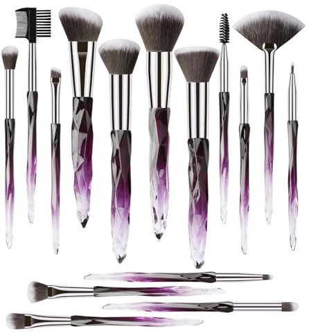 Kingtree 15PCS Makeup Brushes Professional Purple Crystal Makeup Brush Set, Premium Synthetic Bristles Foundation Face Powder Blush Eye Shadow Makeup Brush Kit with Blender Sponge & Brush Cleaner