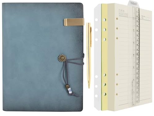 Wonderpool Leder Tagebuch Notizbuch Ringbuch–Nachfüllbarer Ordner Schreibpapier Spirale Business Notizblöcken Vintage Einband für Büro Plan Reisen Organizer (a-Cyan, A5)