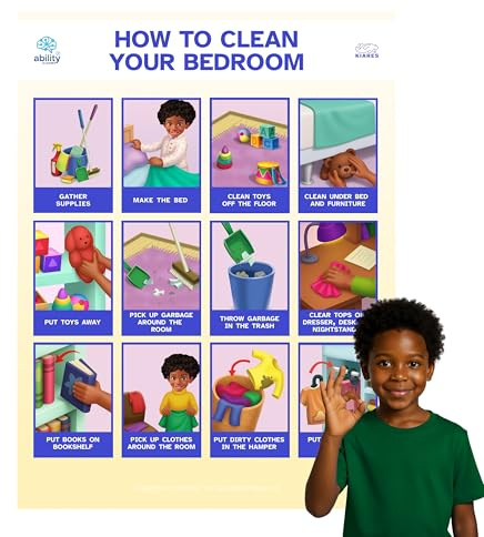 KIARES Bedroom Cleaning Routine for Toddlers - 12.5 x 16.5 Inches – Self-Adhesive Visual Aid Poster for Kids with Autism & ADHD – 16 Ethnic Options – OT Designed - Made in USA (African American Boy)