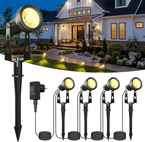 Kawaya Gartenbeleuchtung 4Pcs Gartenlampen für Draußen Strom 36V/12W Gartenleuchten 3200K Led Gartenstrahler Außen Ip68 Wasserdicht 14M Gartenlampe mit Erdspieß 270° Drehbar Gartenstrahler Strahler