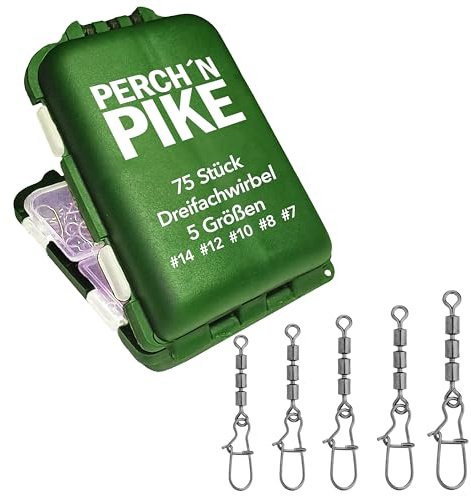 PERCH`N PIKE 75 Dreifachwirbel im Set inkl. Box Duo-Lock Snap, 3-17 kg, Angelwirbel Set zum Spinnfischen, 5 Größen Sbirolino Wirbel für Forellen, Angelzubehör für Forellenangeln