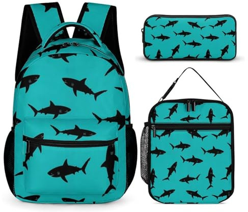 peiyeety Mochila con lonchera y neceser de tiburón Mochila con lonchera y neceser de maquillaje