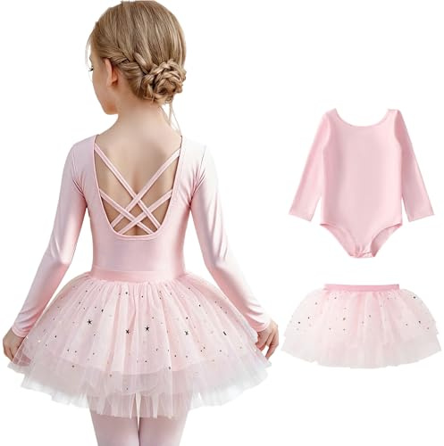 Tutu.kk Girls Ballet Leotards with Removable Tulle Skirt Long Sleeve Crisscross Back Dance Dress Outfit for Toddler Girls Ballet Pink 1-2T