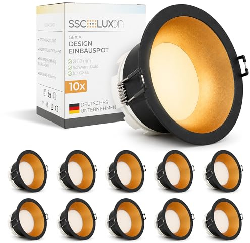 SSC-LUXon GEXIA 10 stycken infällda spotlights svart guld Ø 110 mm – infällda spotlights rund GX53 utan glödlampor för kök hall vardagsrum