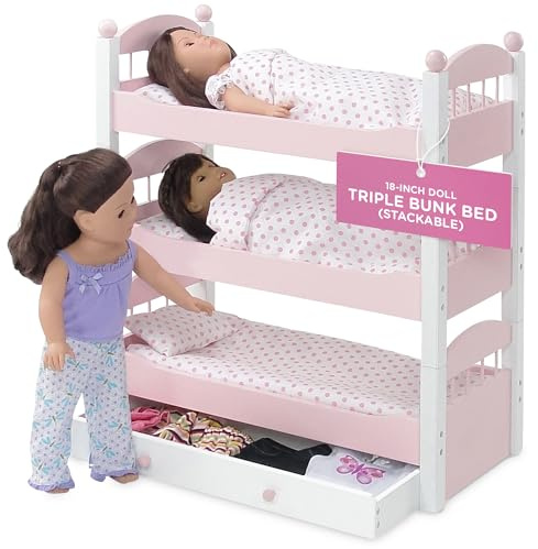 Emily Rose 18 Doll Triple Bunk Bed Set - 3 Stackable Beds with Bedding (Pillow, Mattress Blanket) & Storage Drawer | American Girl Compatible | Ages 5+