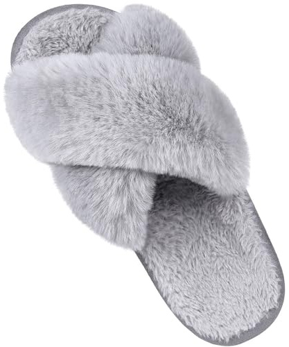 Comwarm Women's Cross Band Fuzzy Slippers Fluffy Open Toe House Slippers Cozy Plush Bedroom Shoes Indoor Outdoor, Grey Size 7-7.5