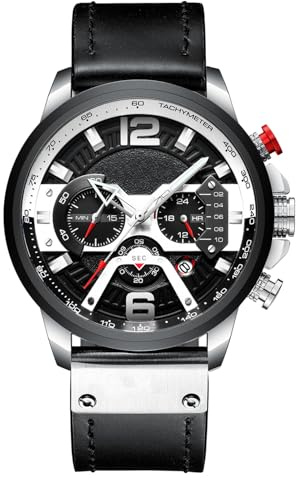 RORIOS Klassische Herren-Armbanduhr, Quarz, Analog, Chronograph, Uhren mit Kalender, Sport, Lederarmband, Herrenuhr, Schwarz B, Riemen