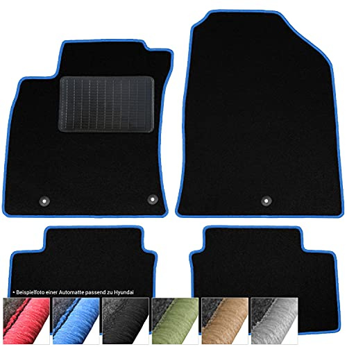 moto-MOLTICO Fußmatten Auto - Velours Autoteppiche | passend für Kia Venga Hyundai ix20 - 3-teiliges Set - Schwarze Automatten mit Blauen Ziernähten