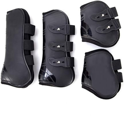 Merauno® Gamaschen Pferde 4er Set Sehne Schützer Fetlock Pferdesprungschutz Vorne Hinter Paar Robust Elastisch PU Shell Neopren Knopfverschluss 2 Paar für Damen& Herren (S(Pony), Schwarz)