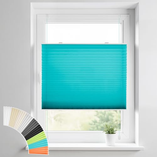 HOMEDEMO Plissee Klemmfix ohne Bohren Jalousien, Türkis, 75x120cm(BxH), Plisseerollo Fensterrollo mit Klemmträger, Faltrollo Klemmrollo Sicht-und Sonnenschutz Rollos für Fenster & Tür